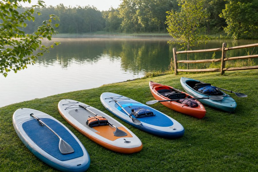 Boards and kayaks dropped at the house