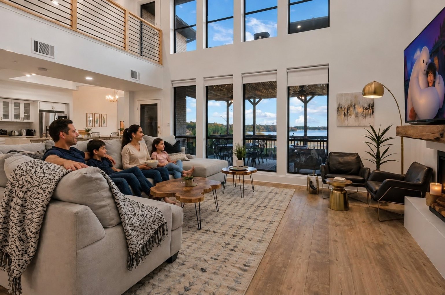 The living room, with the lake through two stories of windows